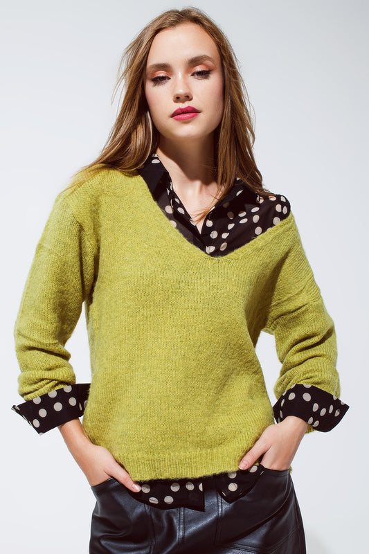 Soft green jumper with V Neck - jumper