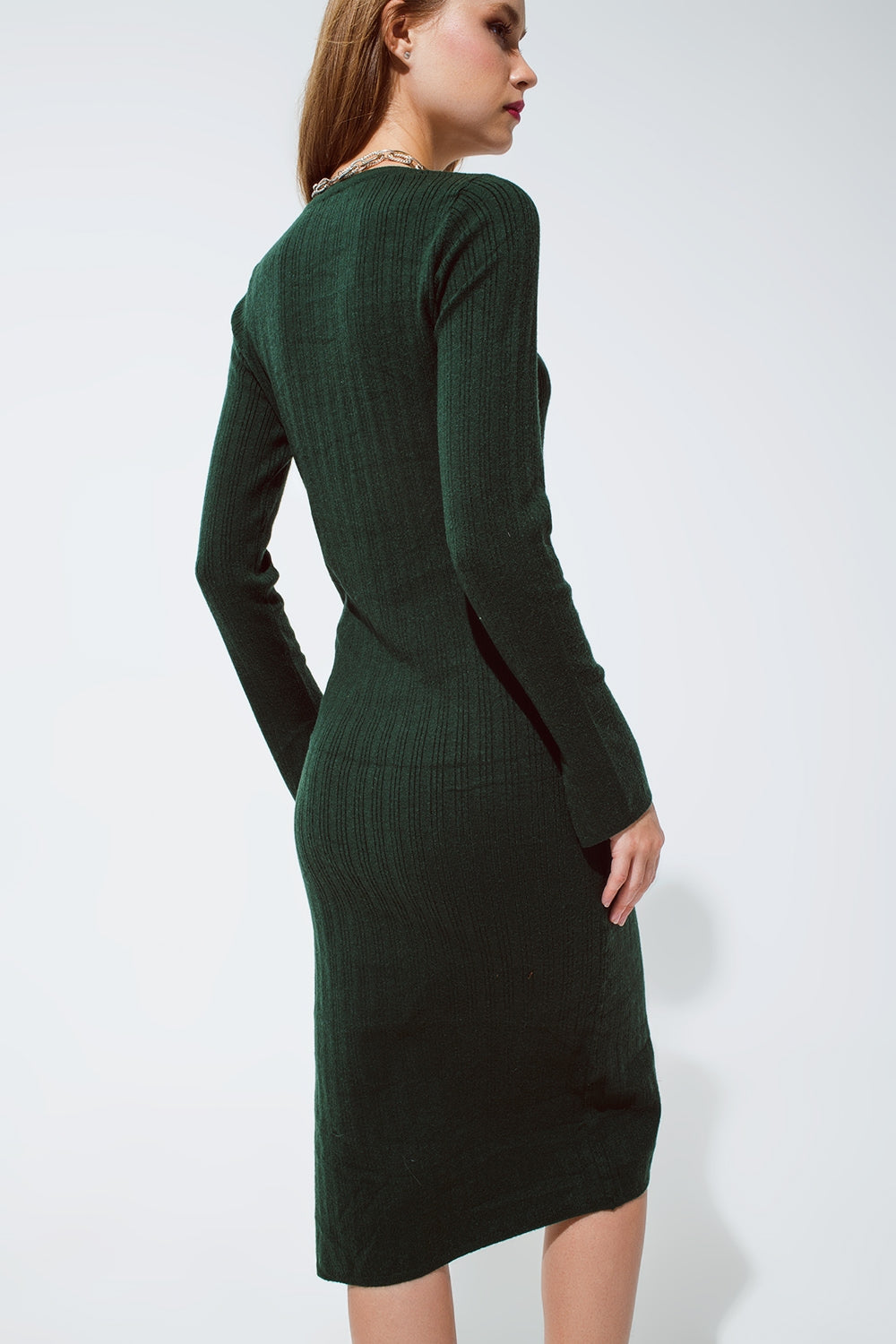 Midi Green Ribbed Knit Dress - dress