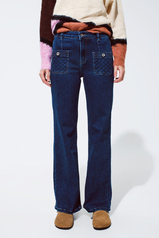 Blue jeans with buttoned pocket details in dark wash - Denim
