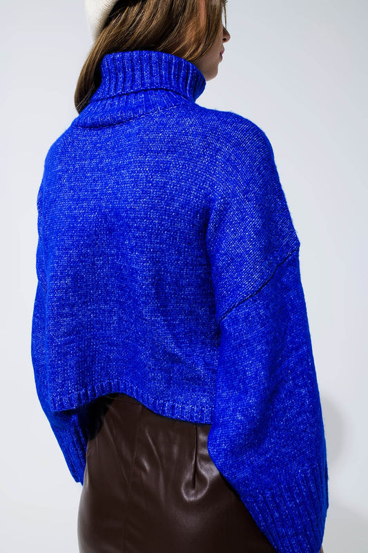 Cropped Chunky Knit Sweater With Turtle Neck in Blue