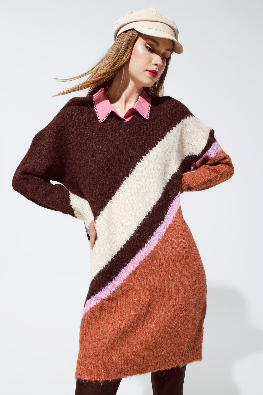 Brown striped oversized chunky knit dress with crew neck - dress