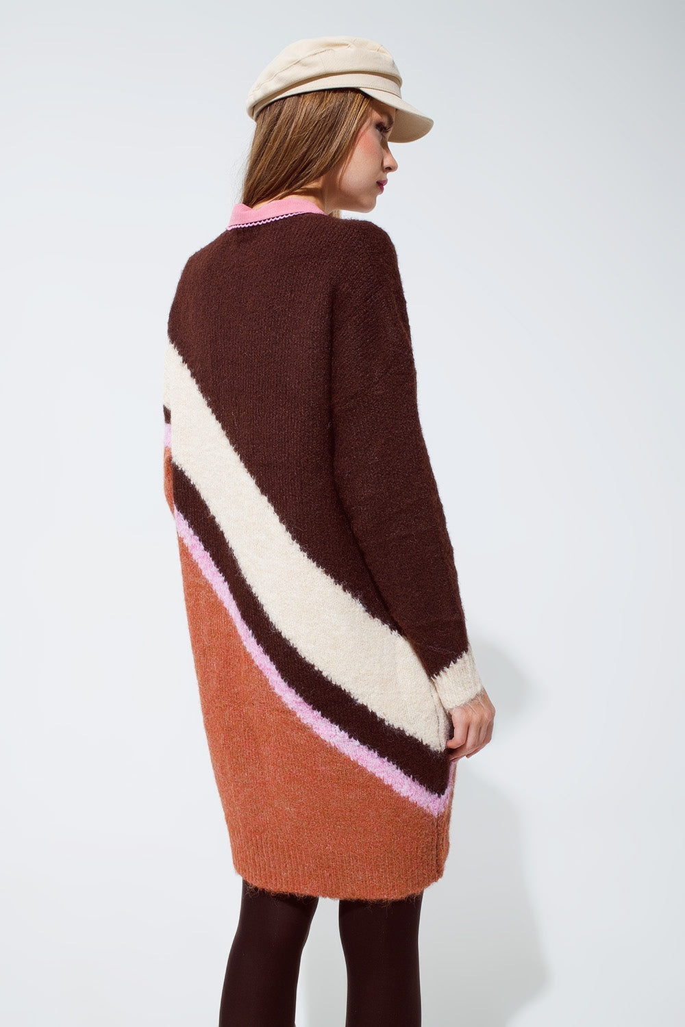 Brown striped oversized chunky knit dress with crew neck - dress