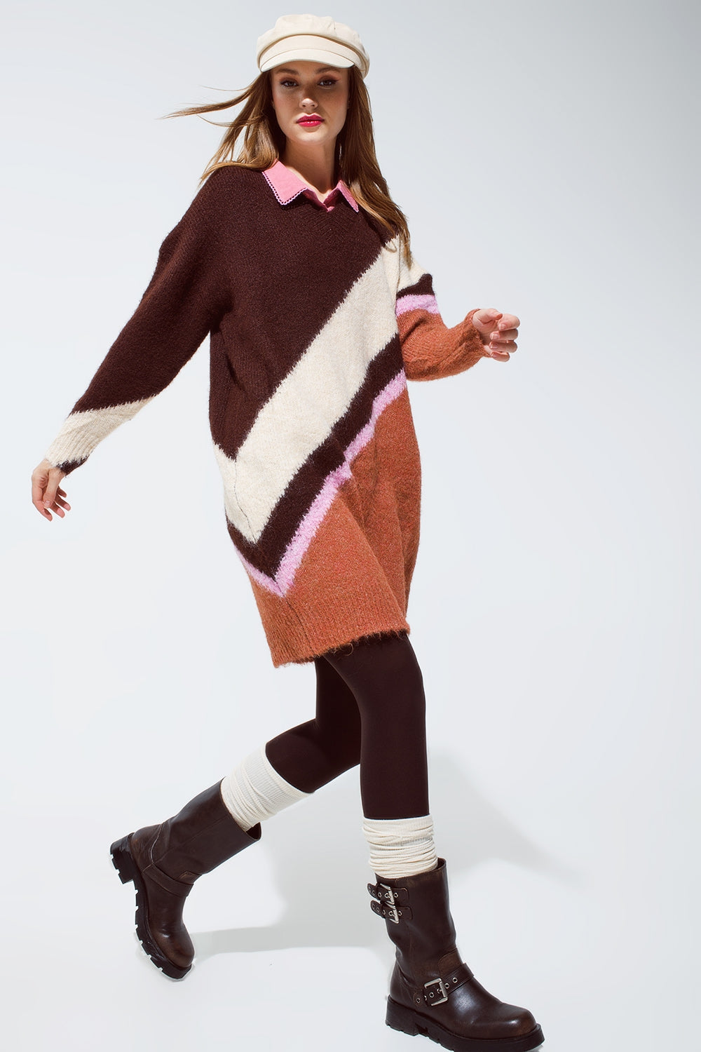 Brown striped oversized chunky knit dress with crew neck - dress