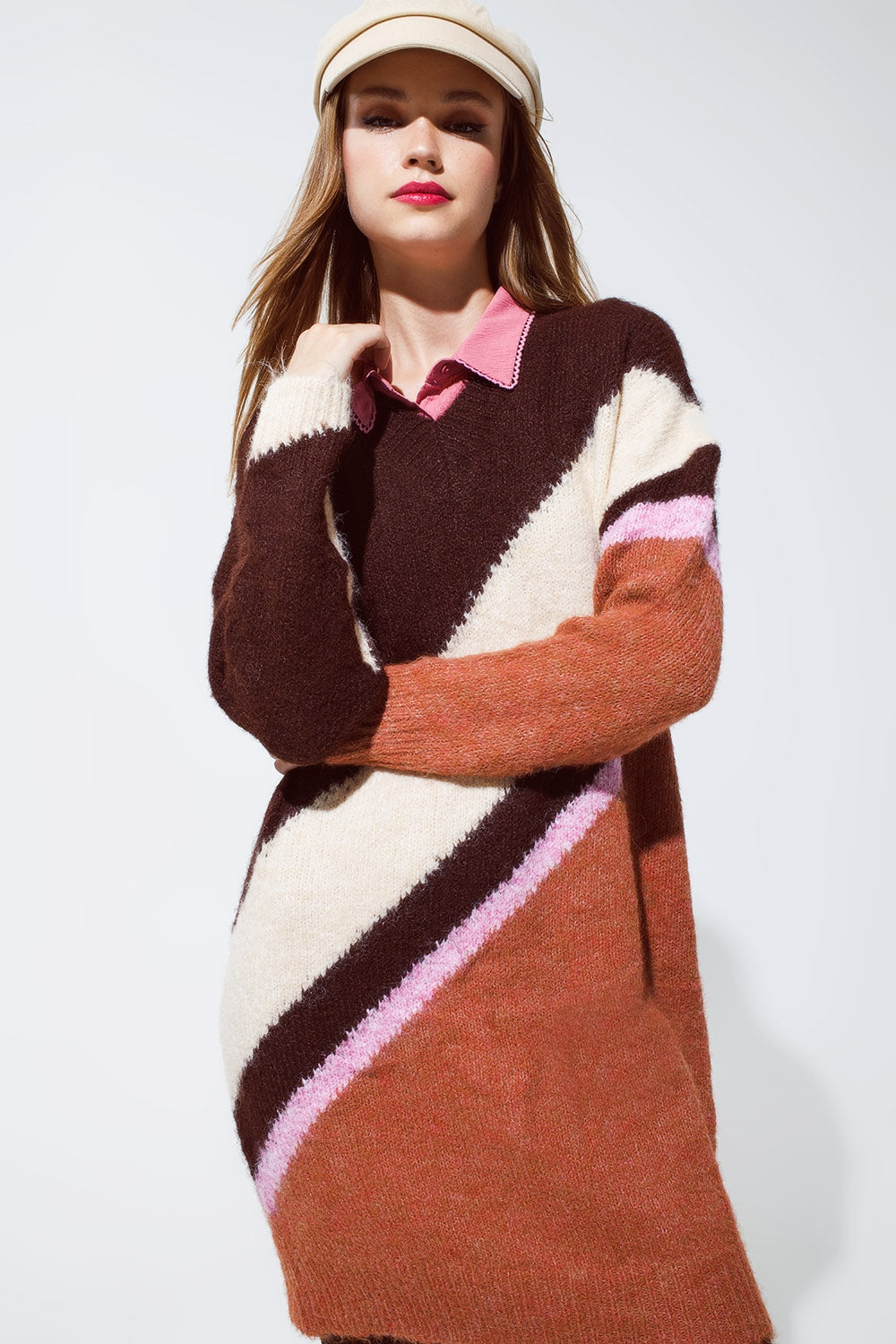 Brown striped oversized chunky knit dress with crew neck - dress