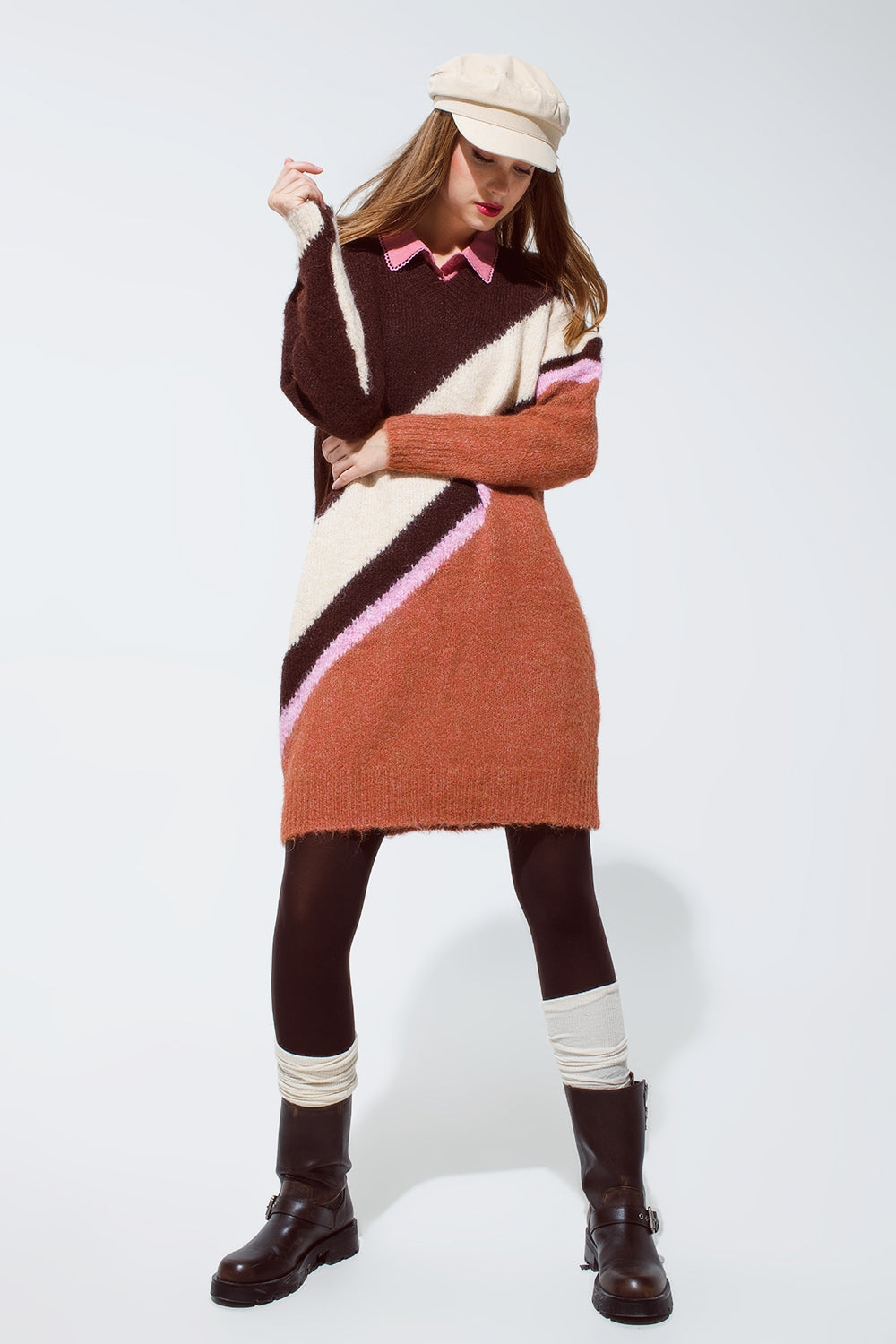 Brown striped oversized chunky knit dress with crew neck - dress