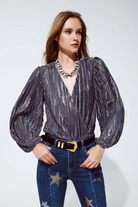 Shiny Glitter Body with Deep V-Neck in Silver