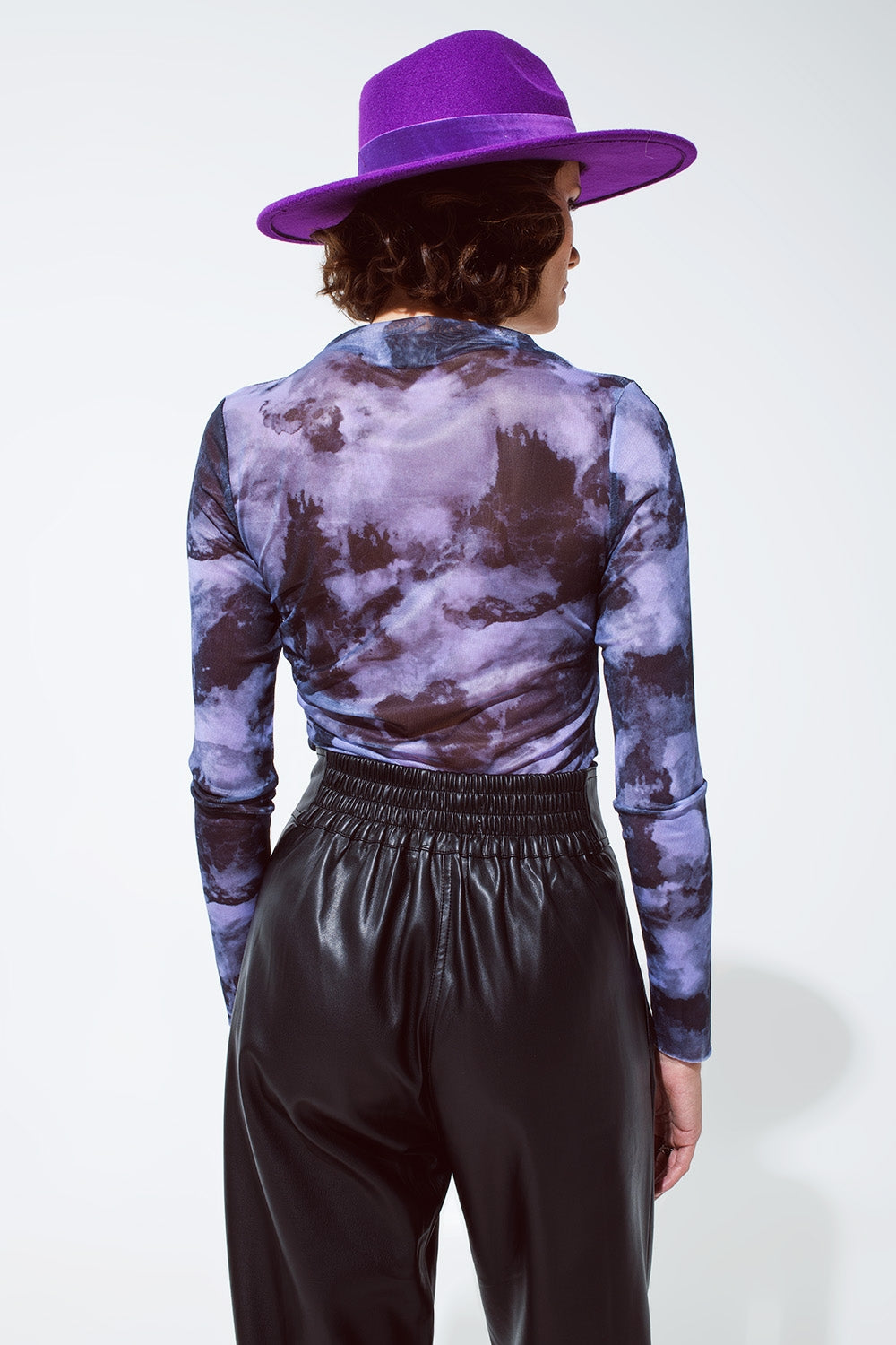 Mesh Top Rouched At The Side In Abstract Purple Print - top