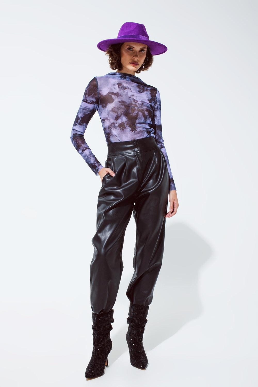 Mesh Top Rouched At The Side In Abstract Purple Print - top