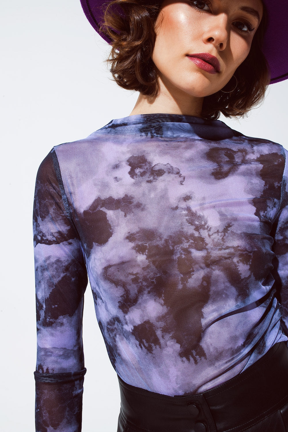 Mesh Top Rouched At The Side In Abstract Purple Print - top