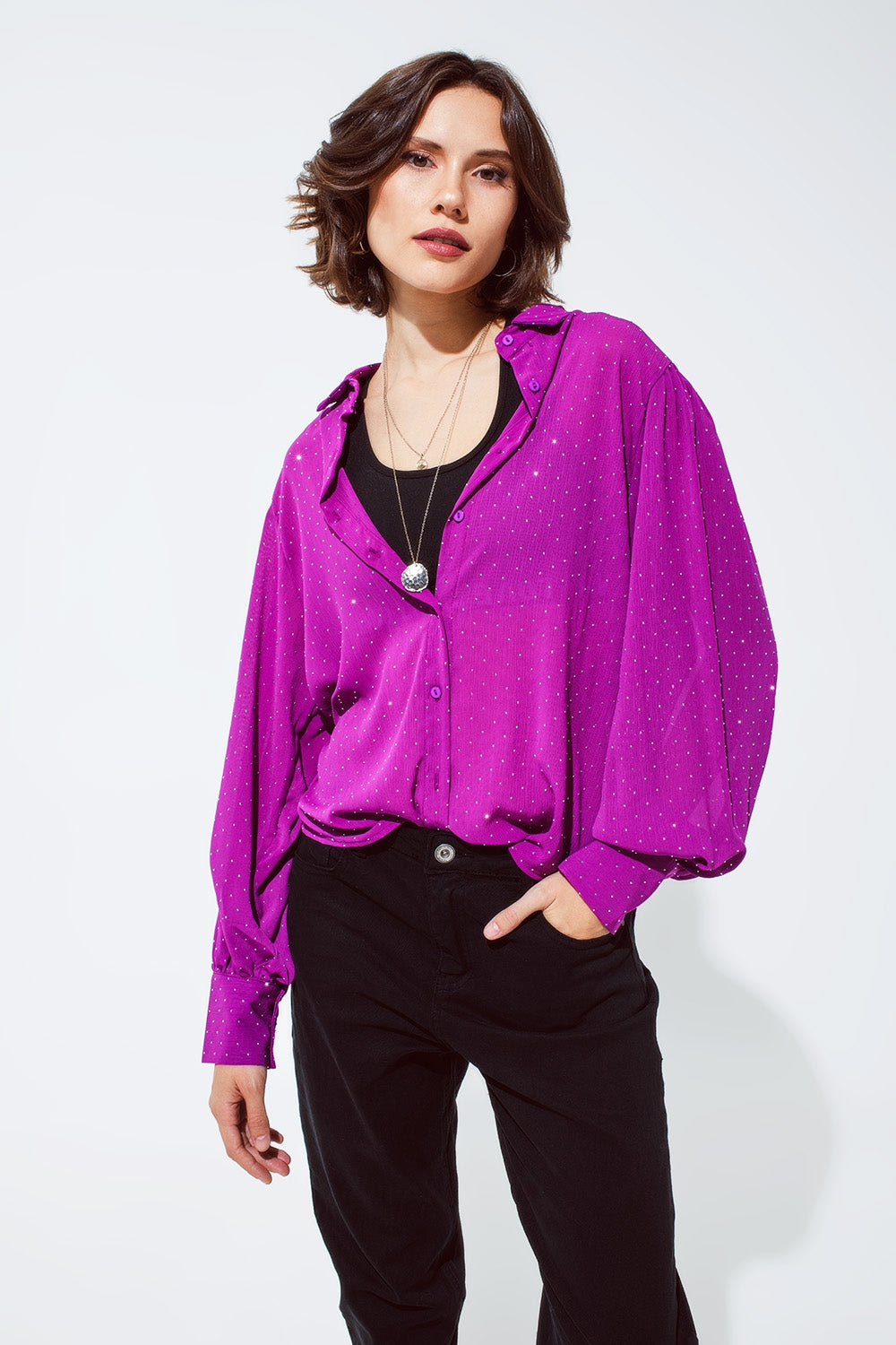 Blouse in magenta with strass detail - Shirts