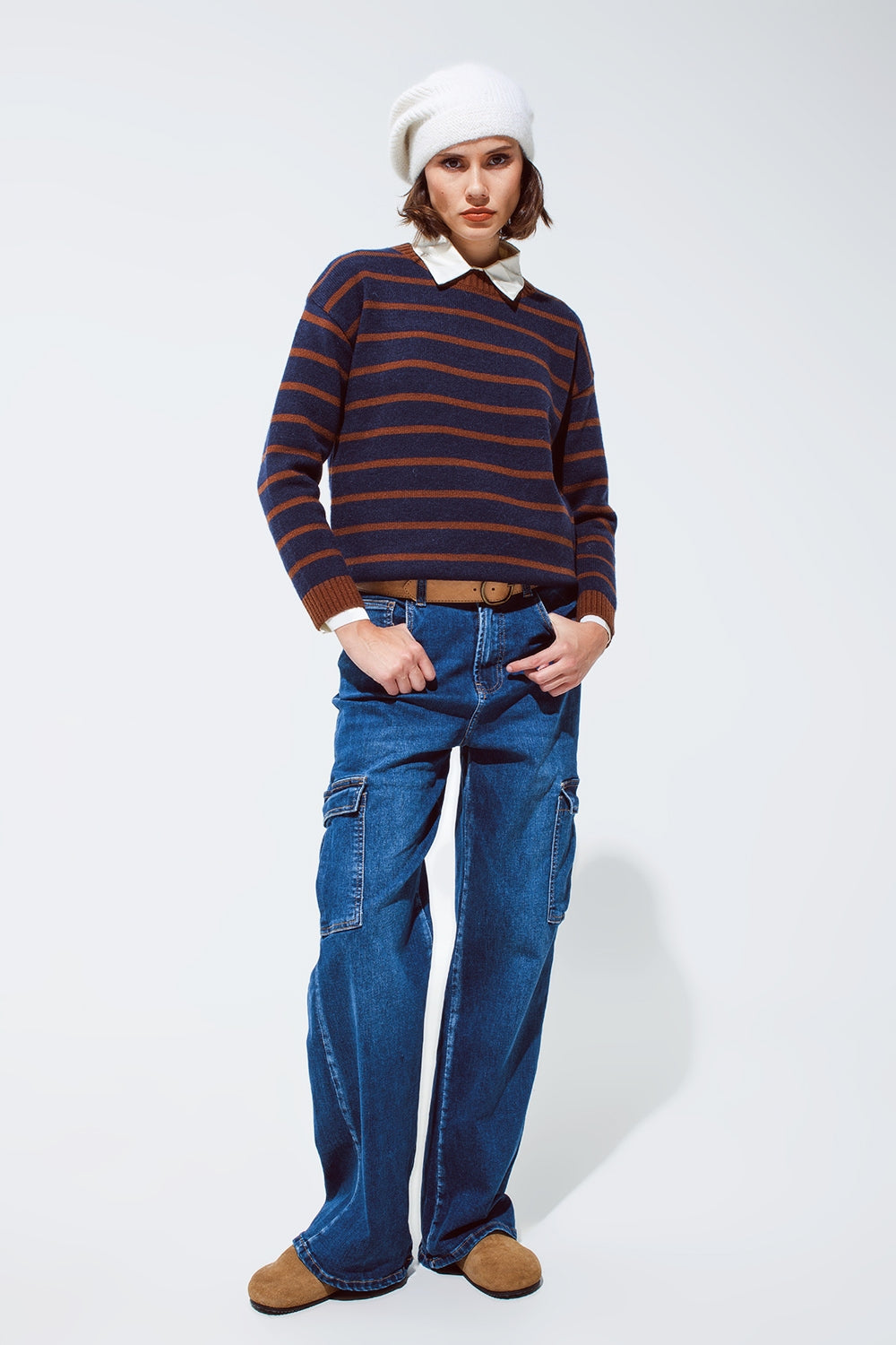Straight Leg Cargo Style Jeans in Medium Wash - Denim