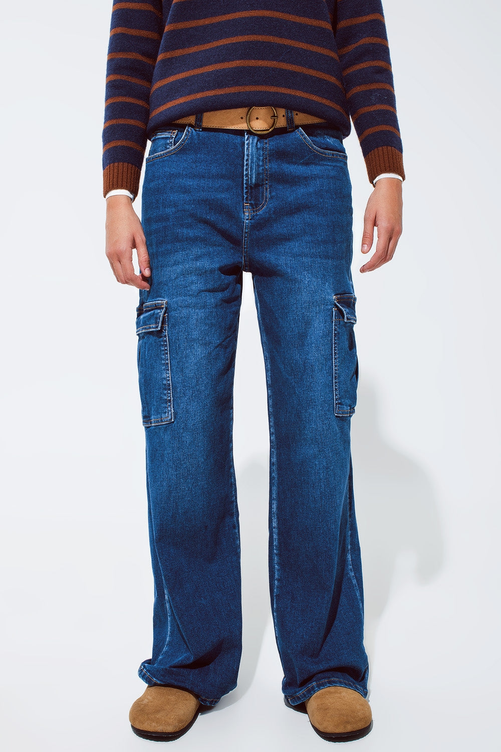 Straight Leg Cargo Style Jeans in Medium Wash - Denim