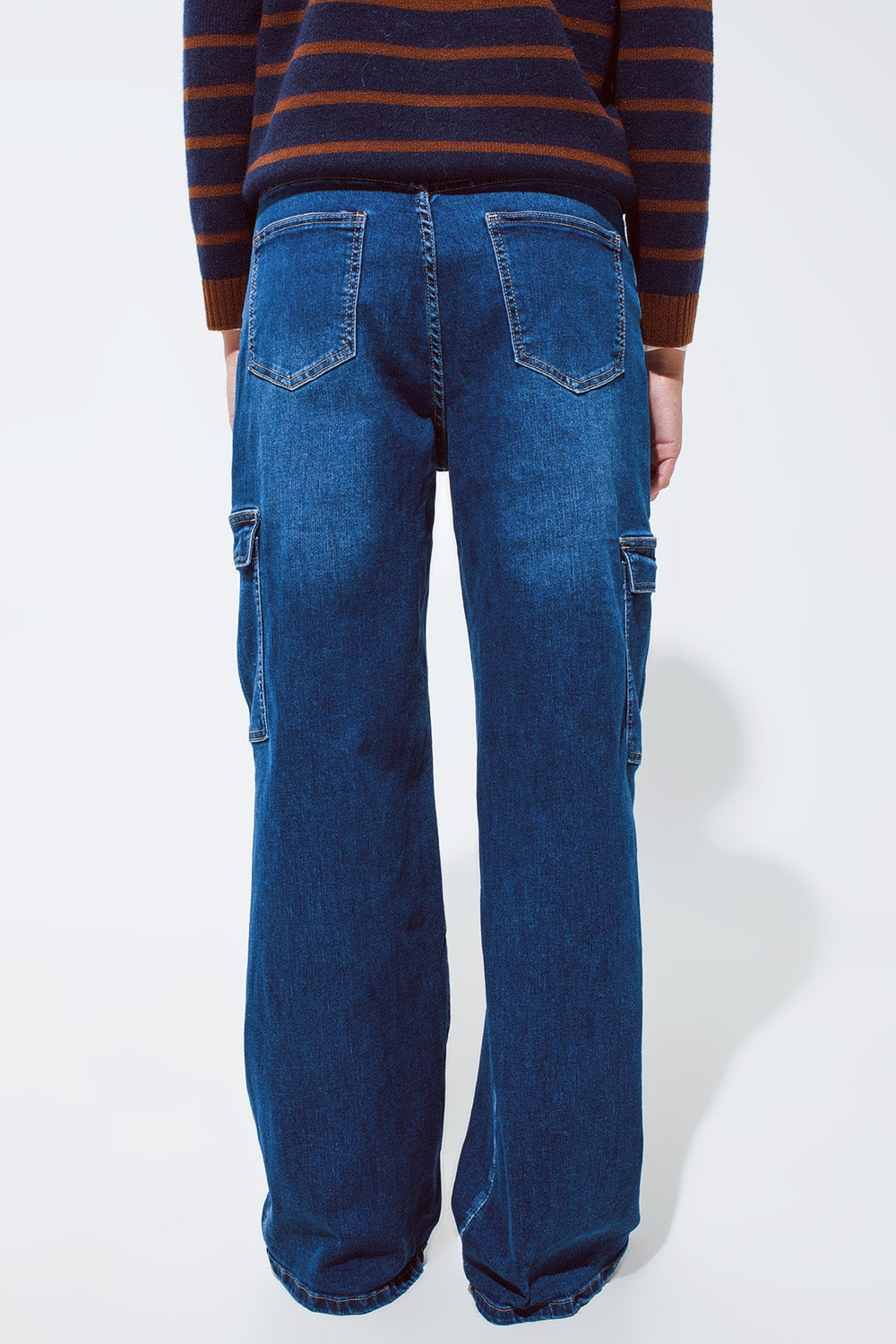 Straight Leg Cargo Style Jeans in Medium Wash - Denim