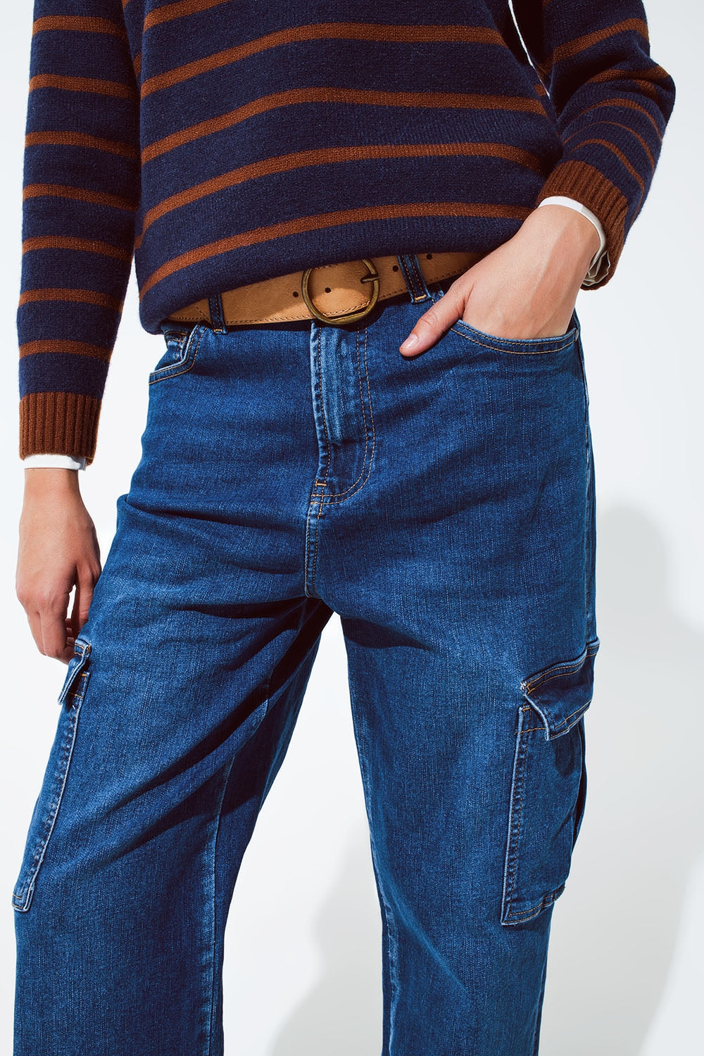 Straight Leg Cargo Style Jeans in Medium Wash - Denim
