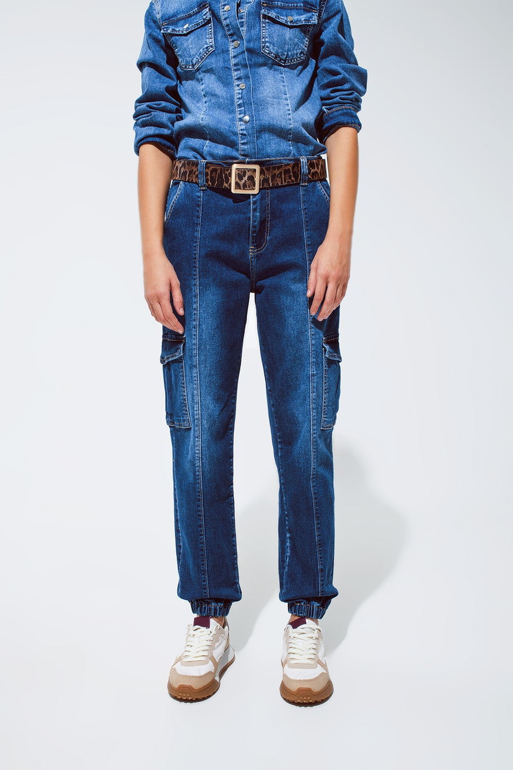 Cargo Style Jeans with Seam Down the Front in Medium Wash - Denim