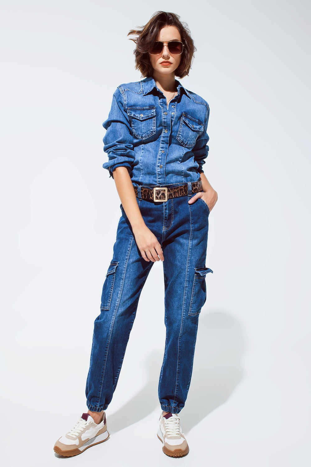 Cargo Style Jeans with Seam Down the Front in Medium Wash - Denim