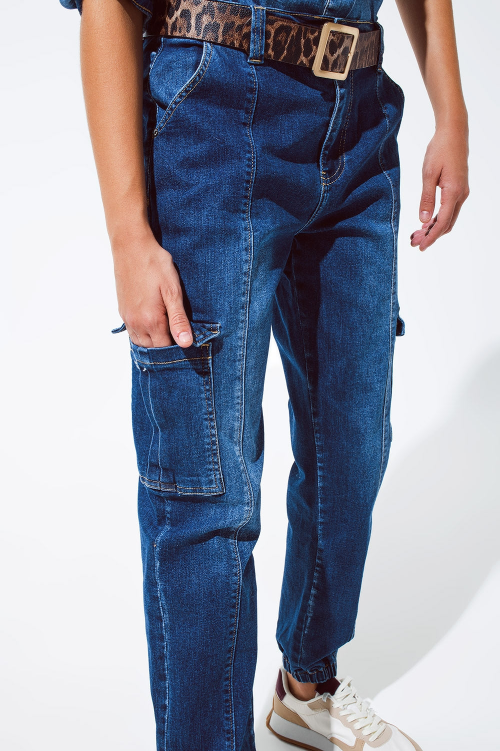 Cargo Style Jeans with Seam Down the Front in Medium Wash - Denim