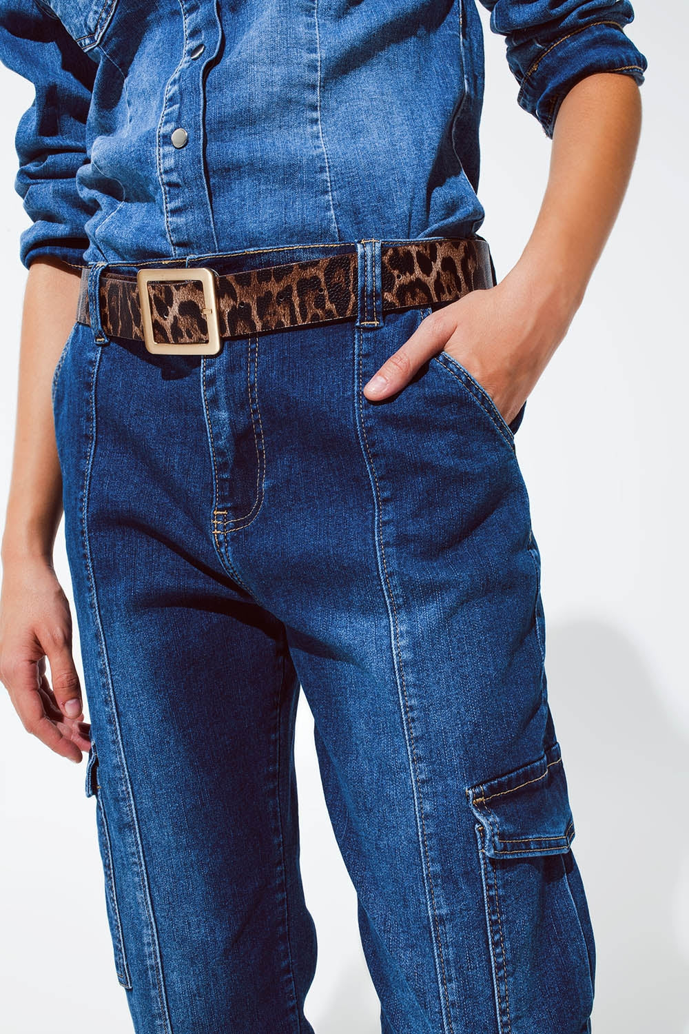 Cargo Style Jeans with Seam Down the Front in Medium Wash - Denim