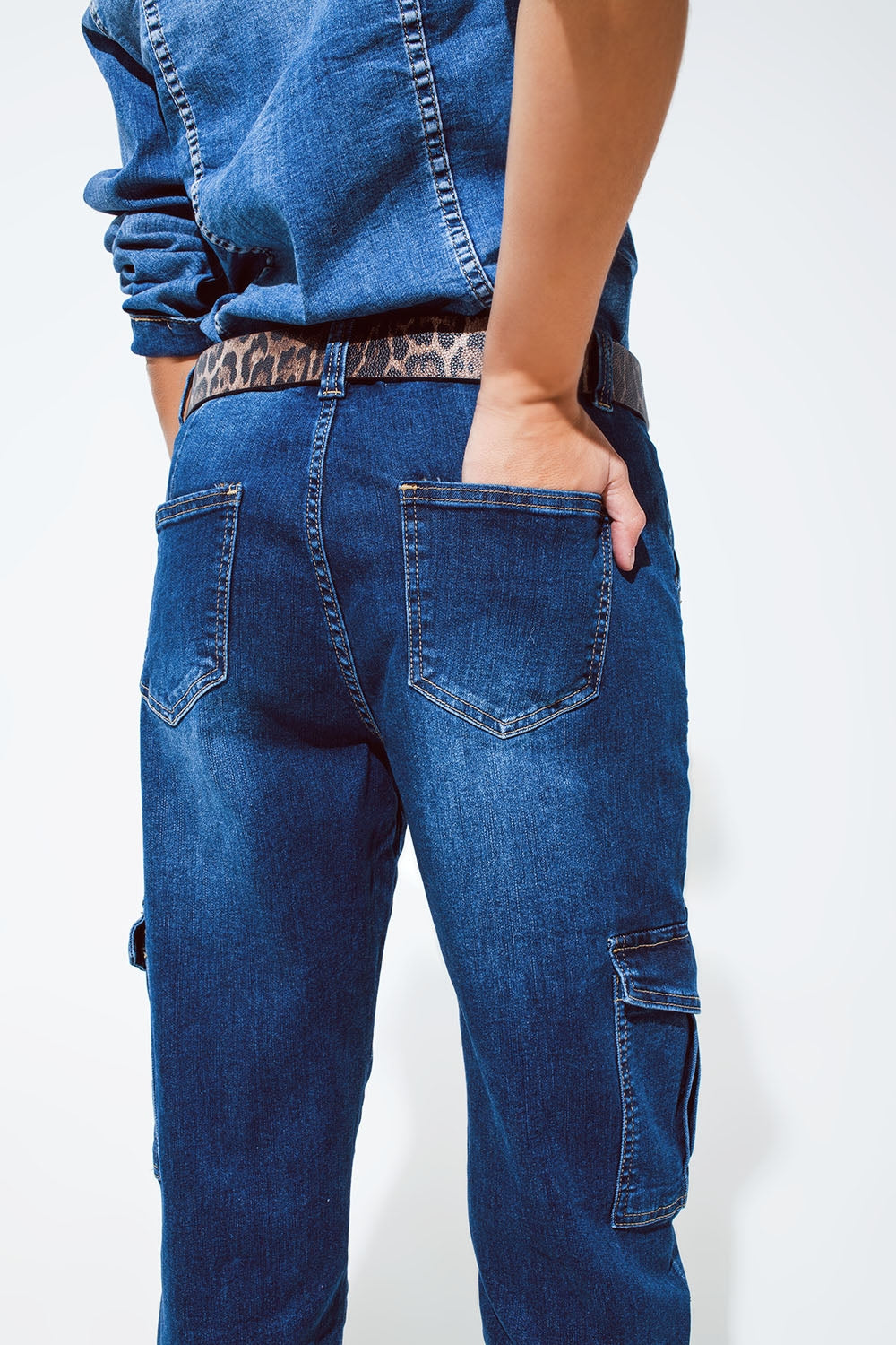 Cargo Style Jeans with Seam Down the Front in Medium Wash - Denim