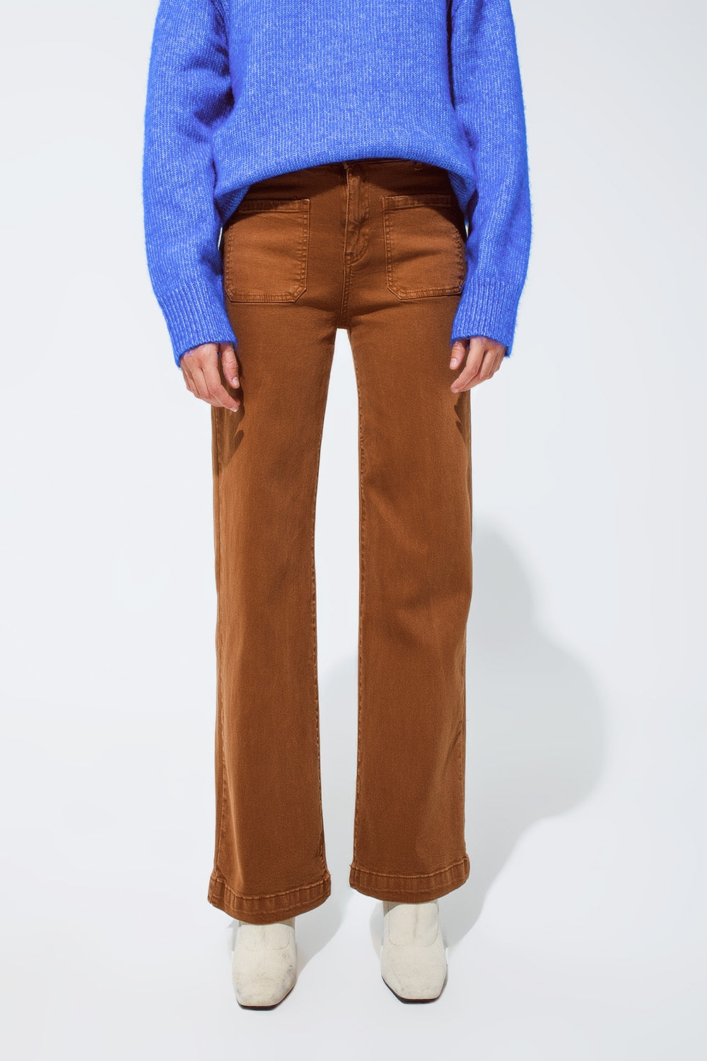 high waisted front pockets flare jeans in camel - Coloured Jeans