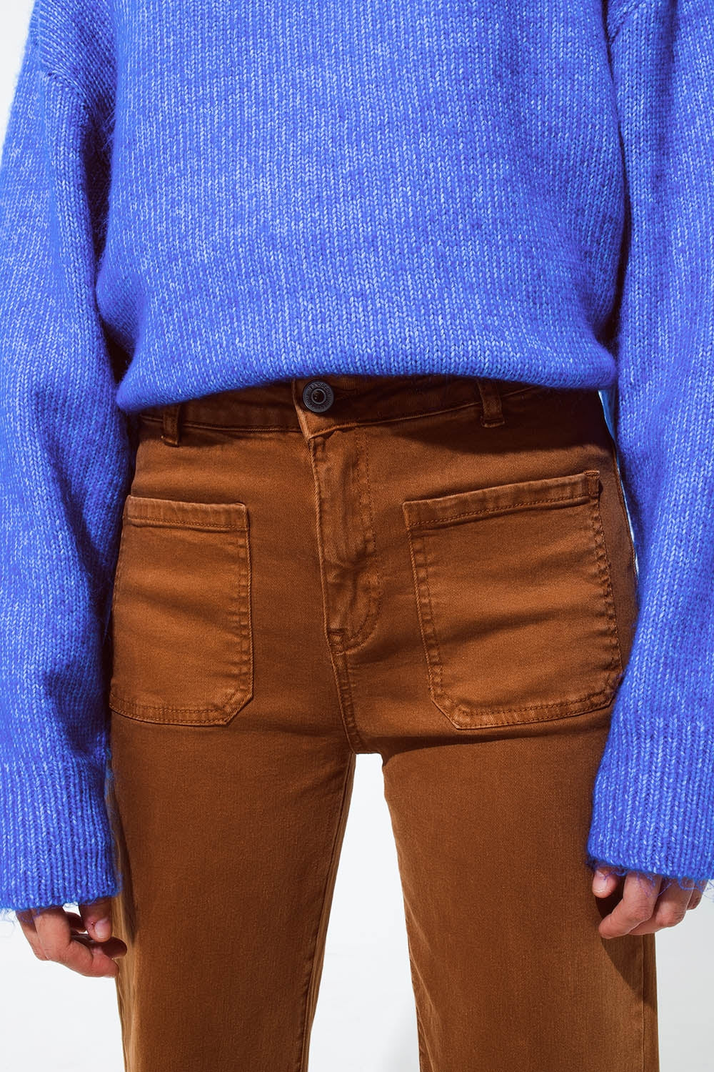 high waisted front pockets flare jeans in camel - Coloured Jeans