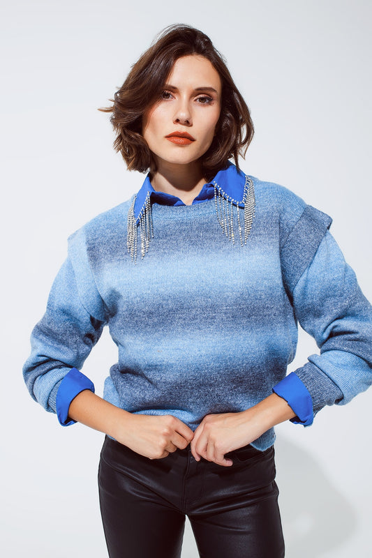 Sweater in ombre design blue with round neck and sleeve details - jumper