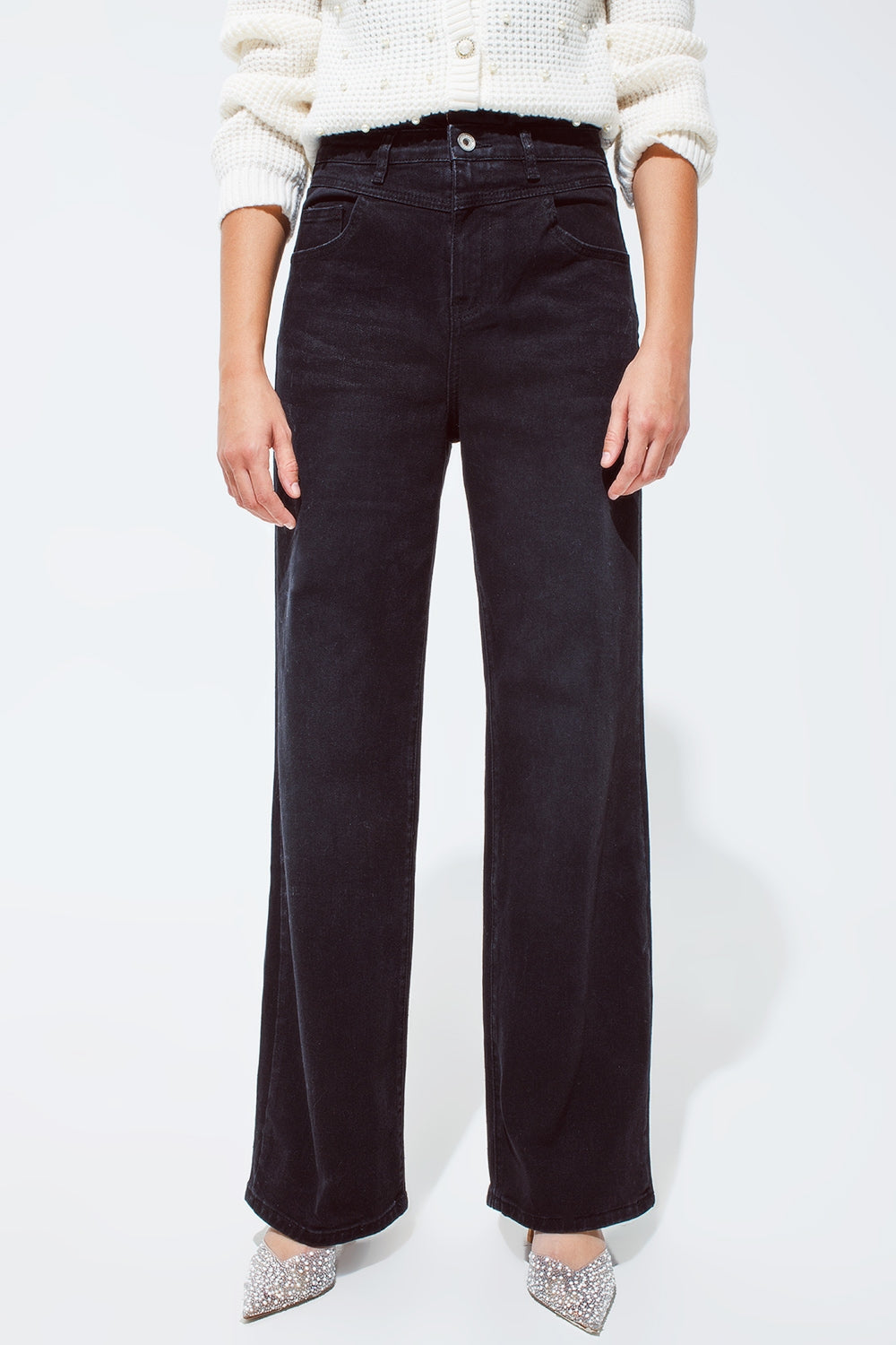 Straight leg Jeans with Waist Stitching Detail in Black - Coloured Jeans
