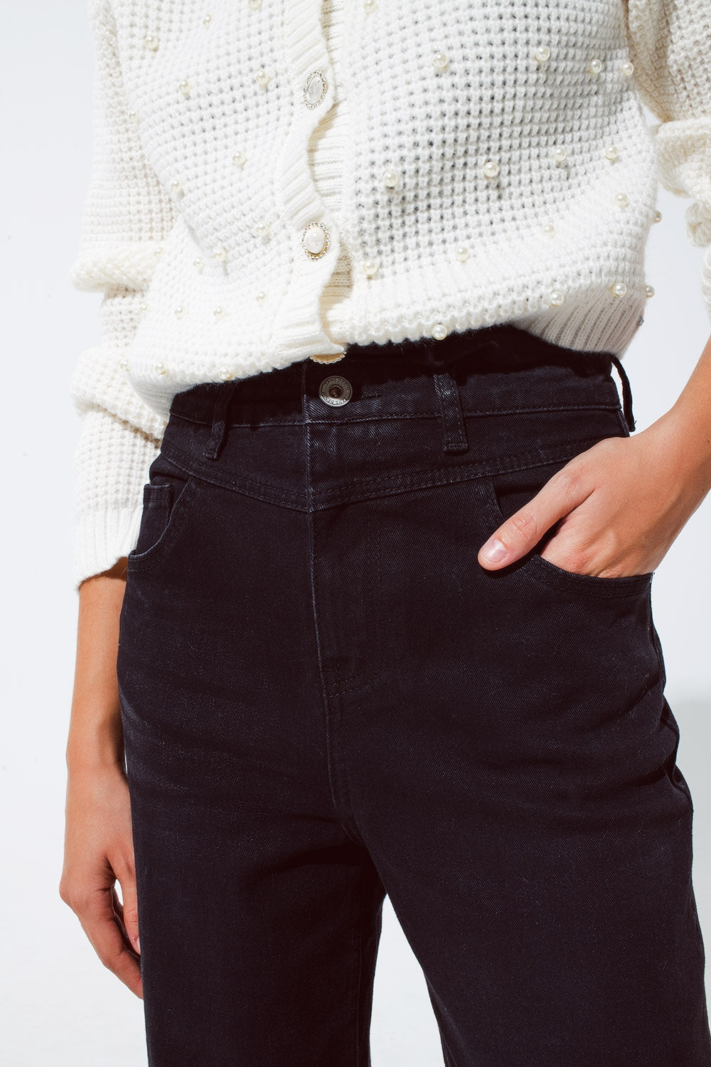 Straight leg Jeans with Waist Stitching Detail in Black - Coloured Jeans
