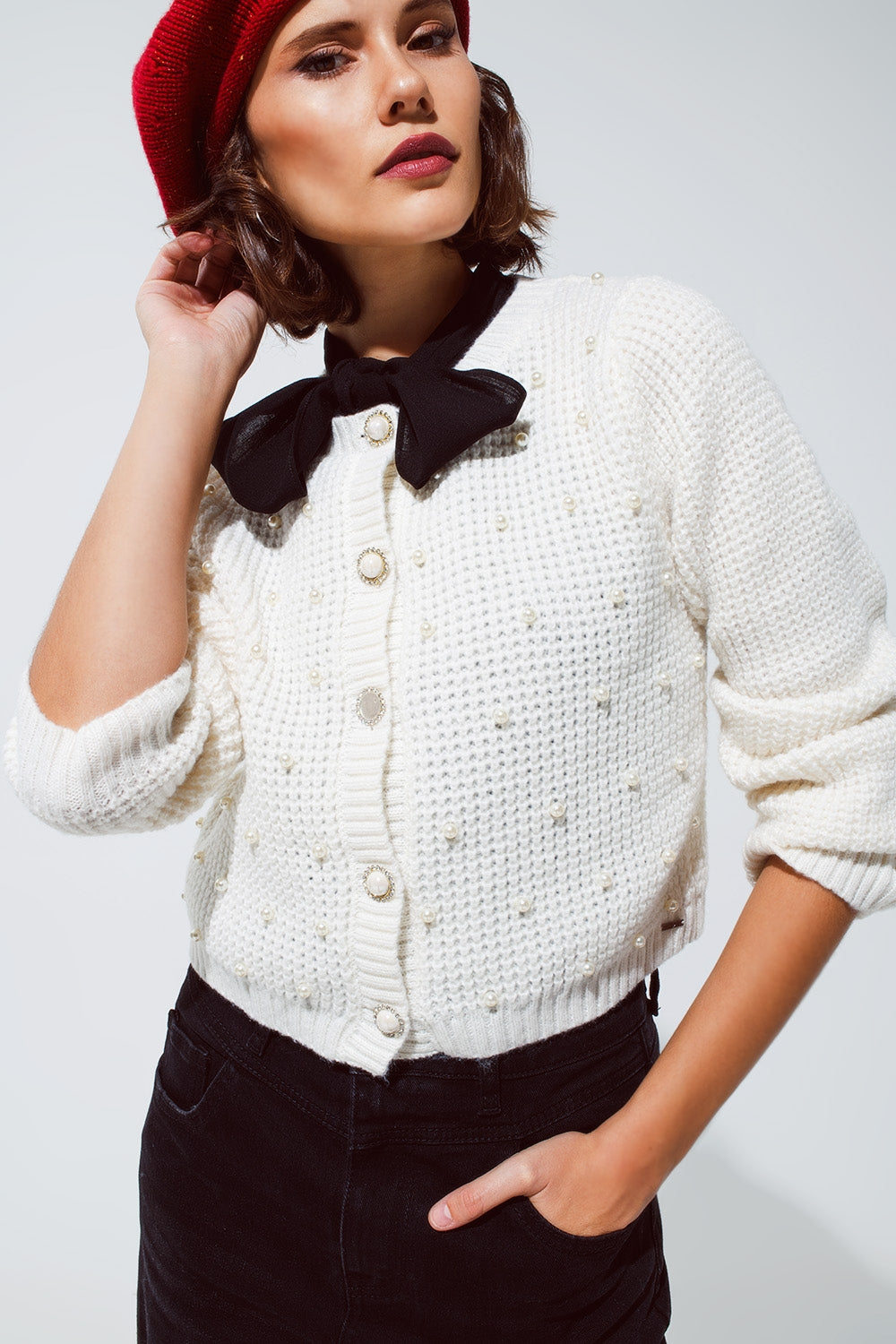 White Waffle Knit Cardigan With Embellished Pearls And Jewelled Buttons In White