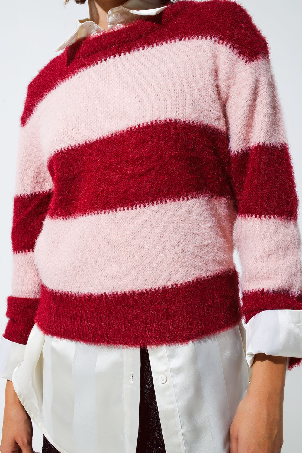 Pink sweater with stripes and a crew neck - jumper
