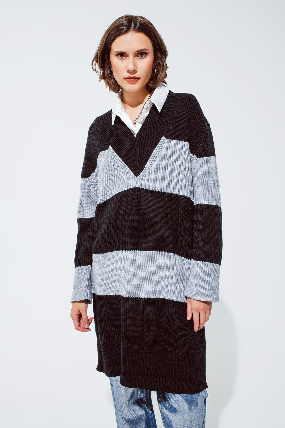 Oversized MIDI knitted dress with stripes and a wide v neck - dress