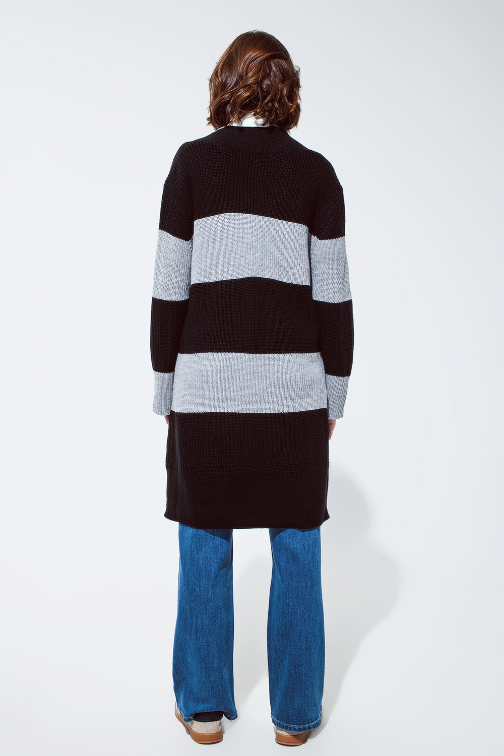 Oversized MIDI knitted dress with stripes and a wide v neck - dress