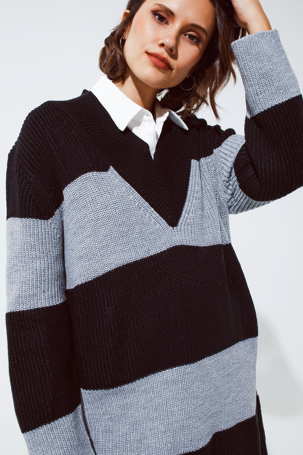 Oversized MIDI knitted dress with stripes and a wide v neck - dress