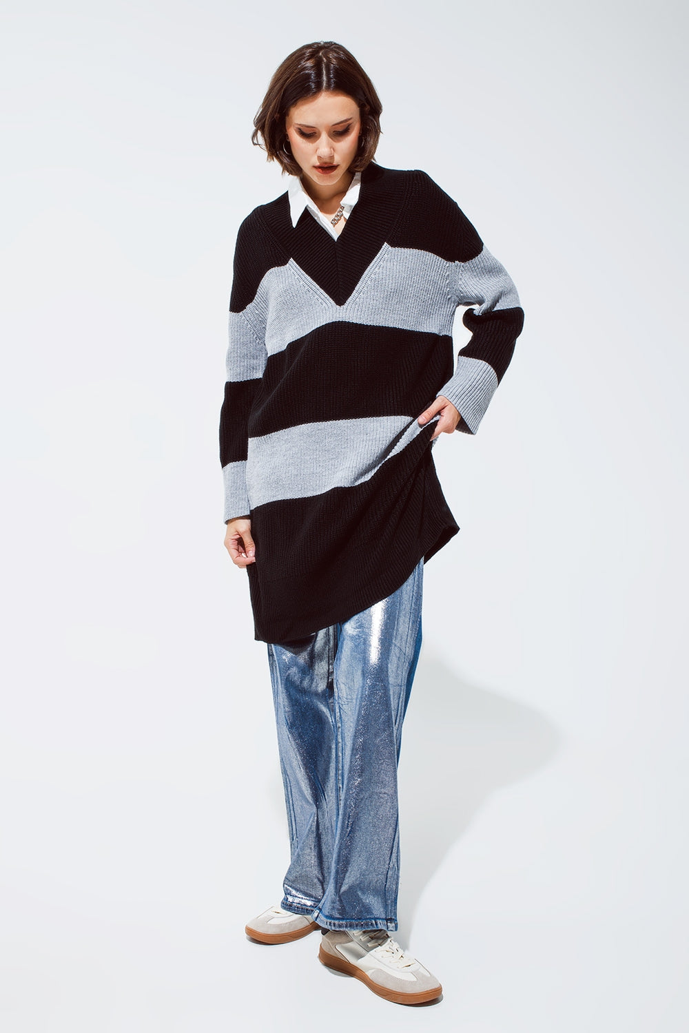 Oversized MIDI knitted dress with stripes and a wide v neck - dress