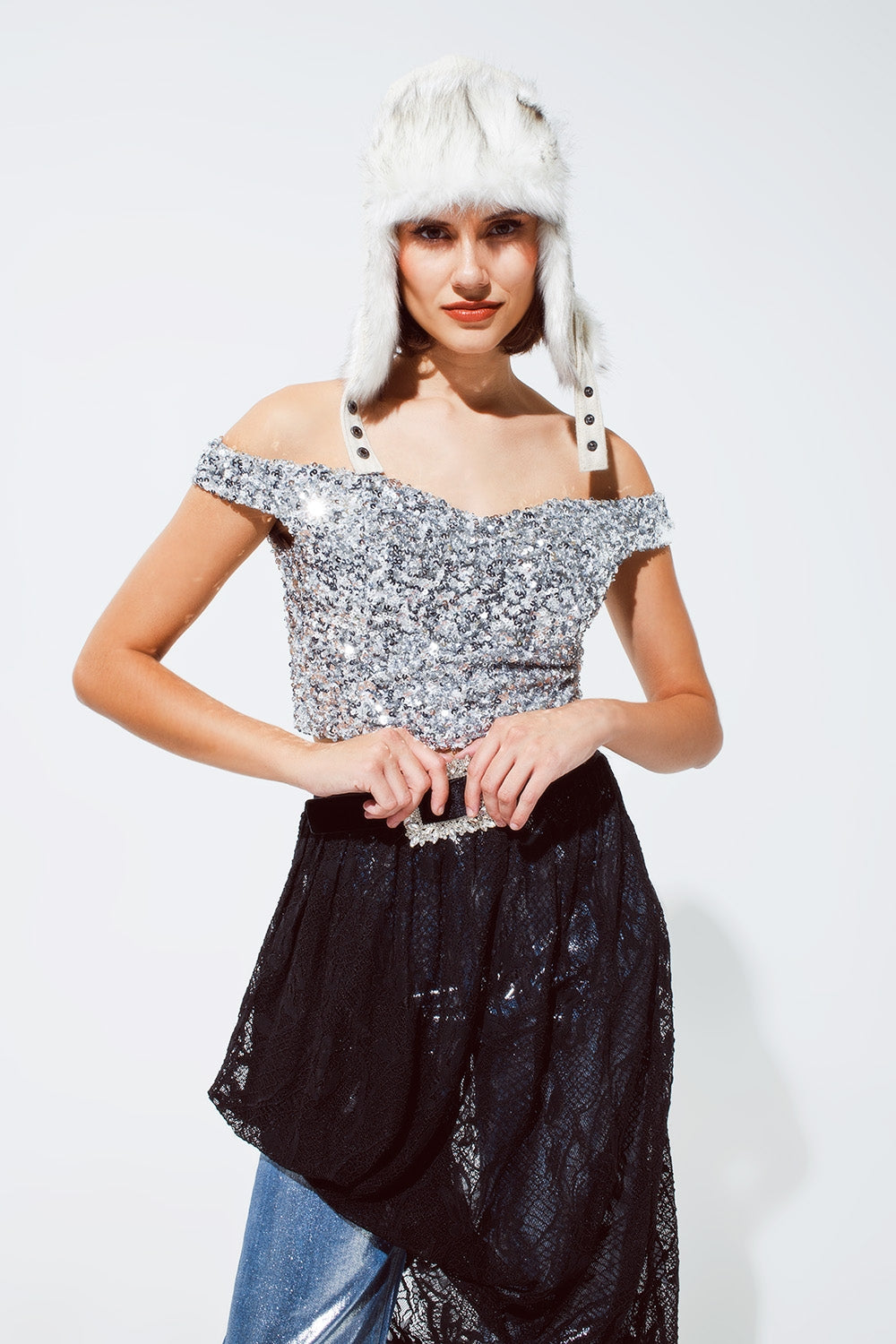 Cropped sequin glitter top in silver
