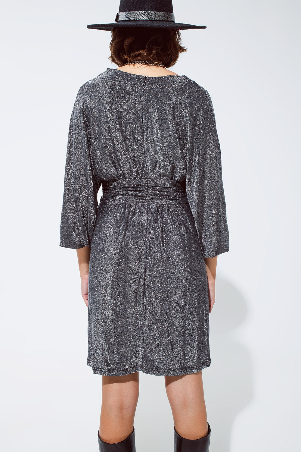 Mini length glitter dress with deep V neck in silver - dress