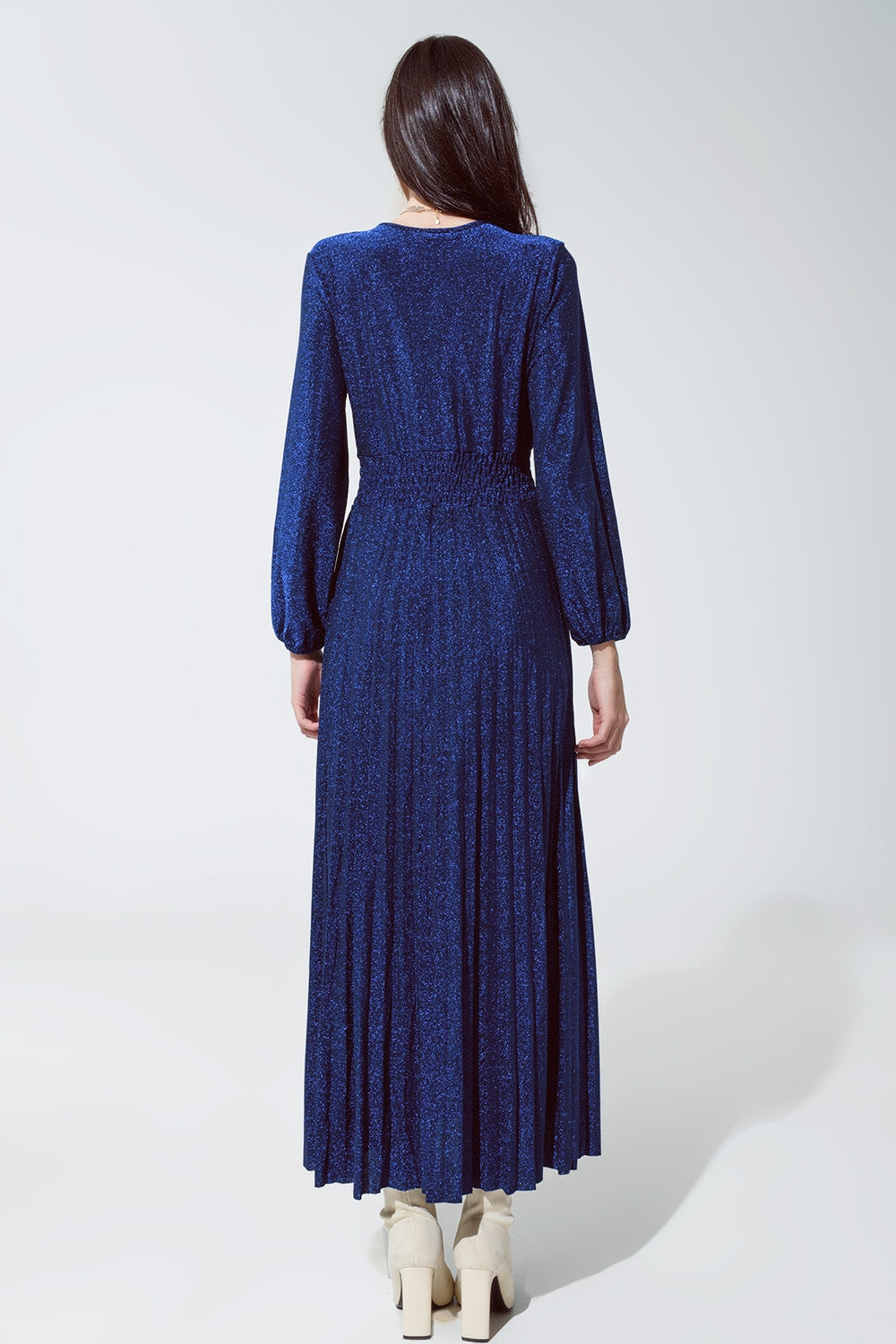 Blue shiny fitted high waist maxi dress with V neck - dress