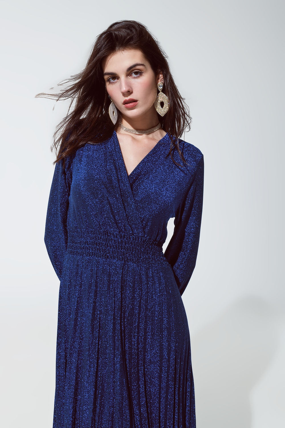 Blue shiny fitted high waist maxi dress with V neck - dress
