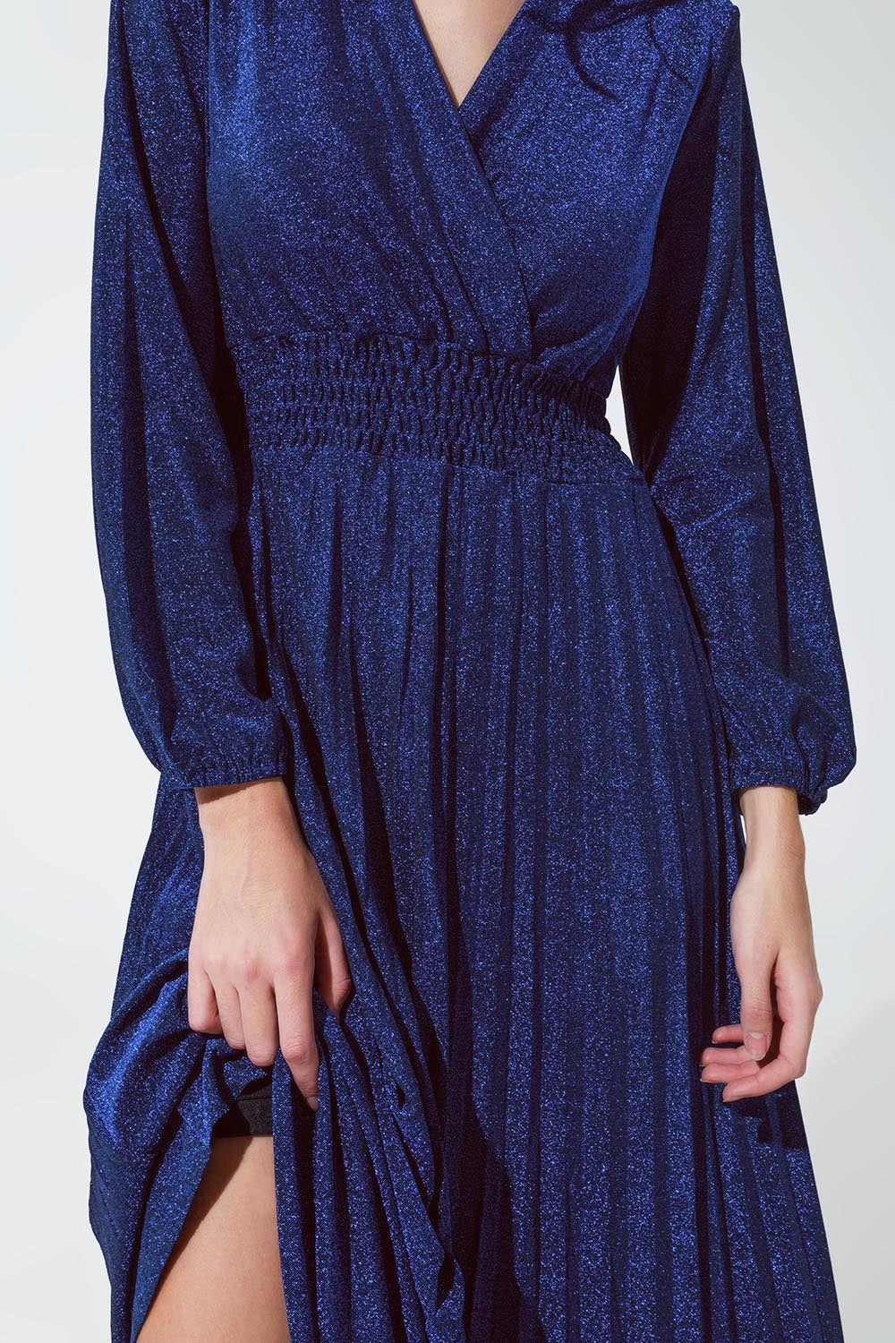 Blue shiny fitted high waist maxi dress with V neck - dress