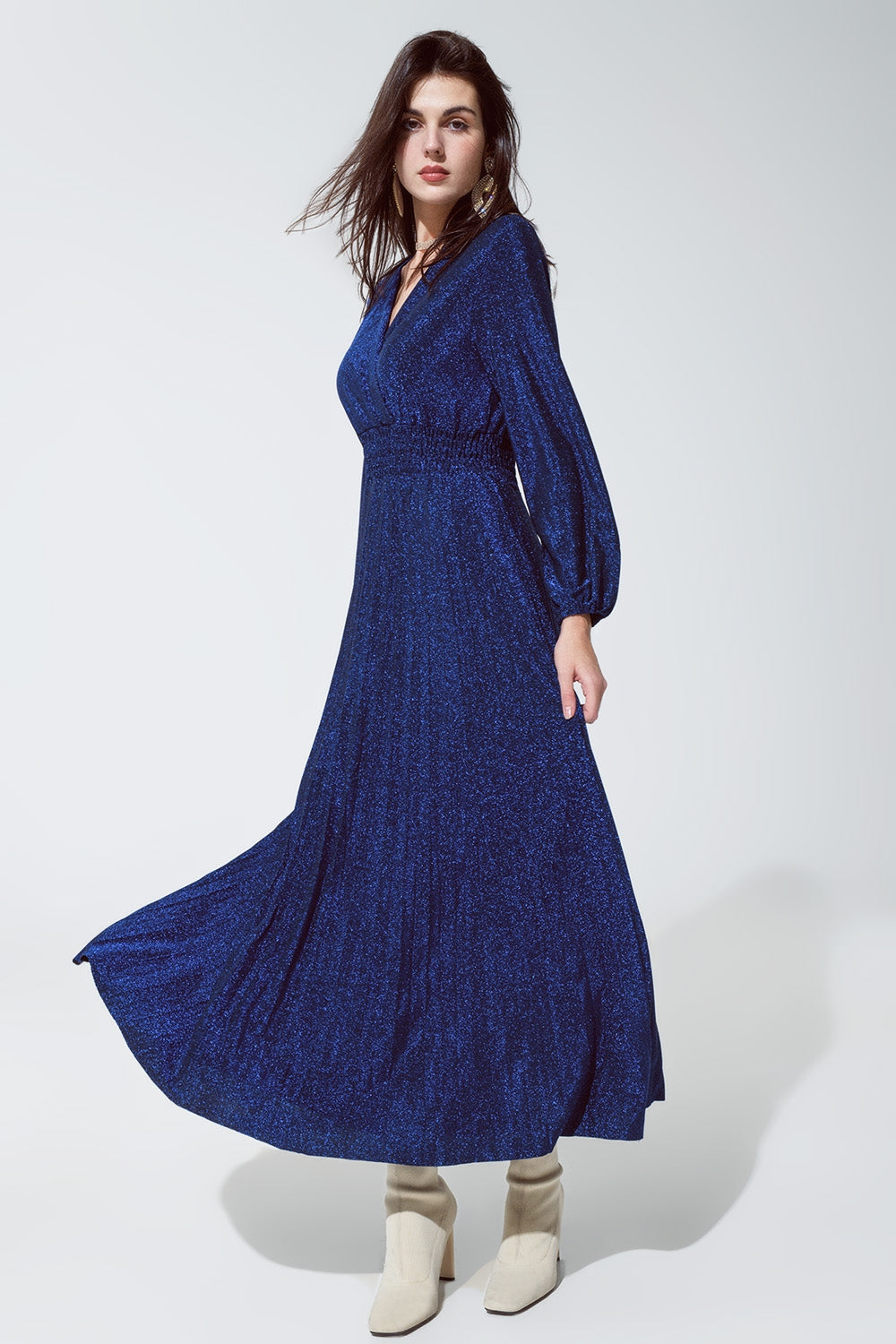 Blue shiny fitted high waist maxi dress with V neck - dress