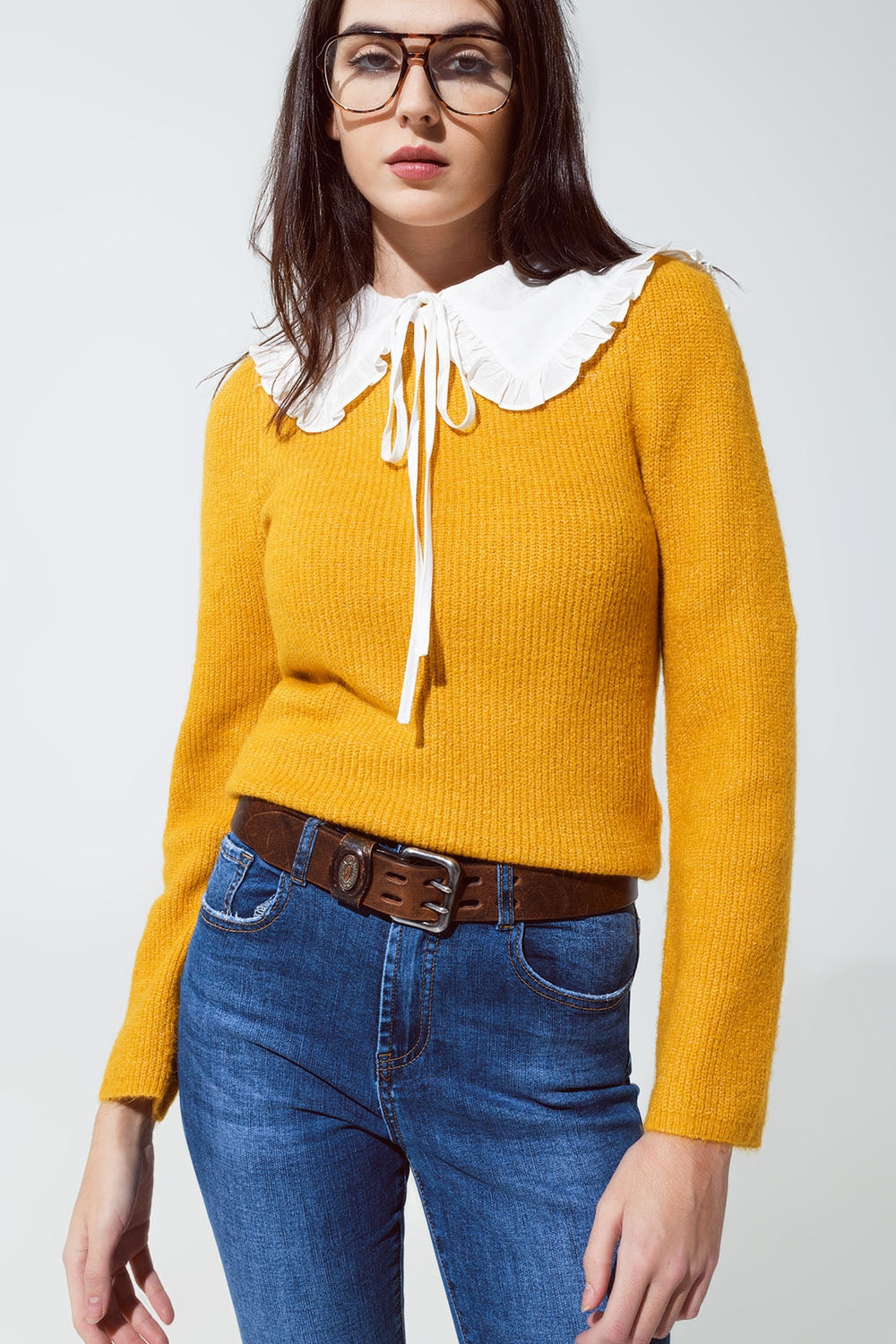 Round neck chunky ribbed jersey in mustard