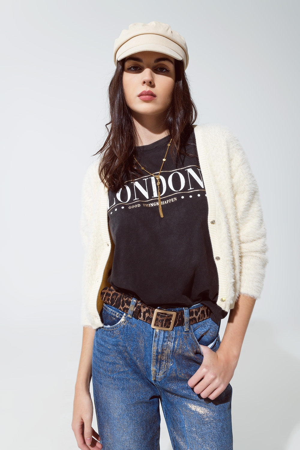 cream fluffy cardigan with silver bottoms