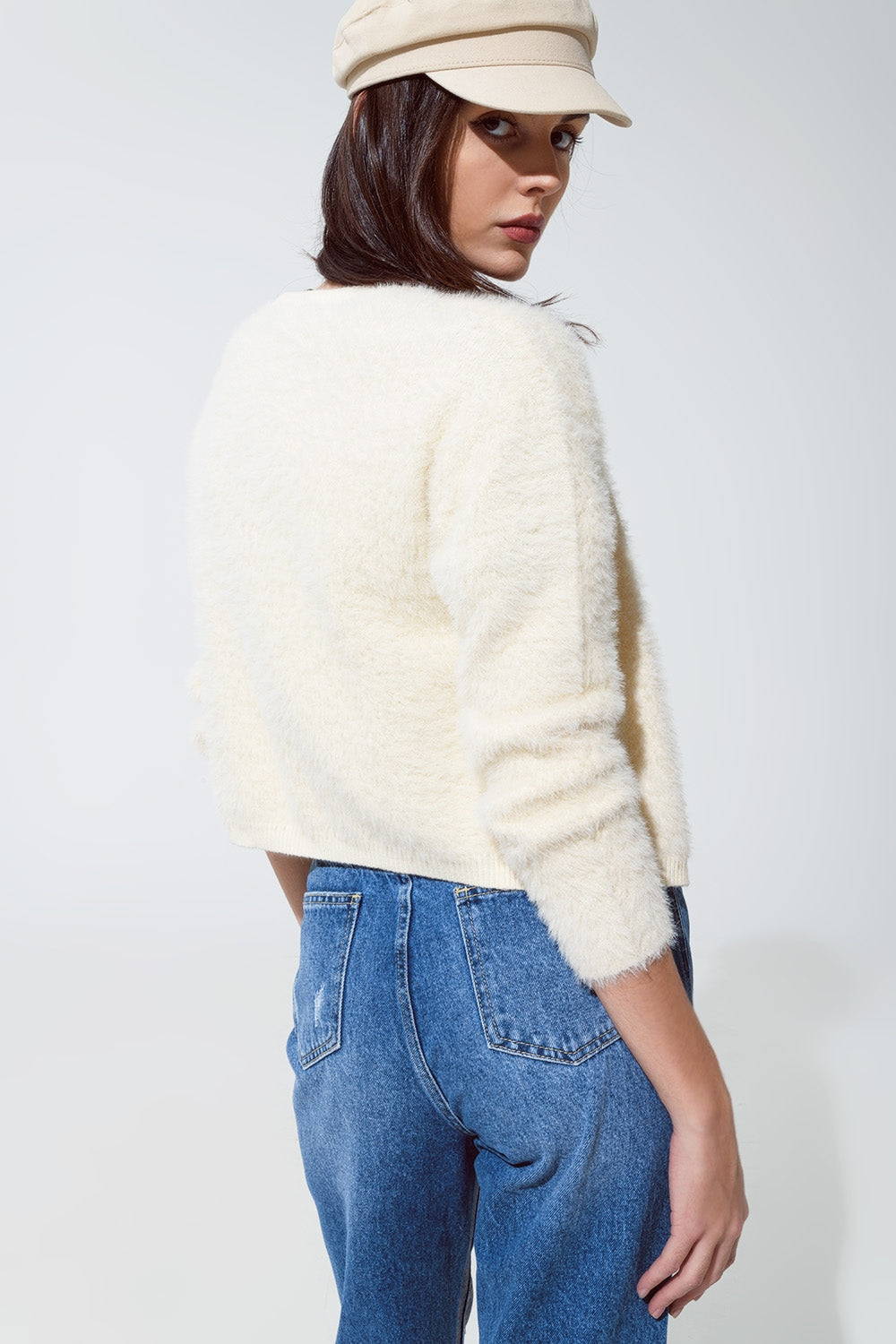 cream fluffy cardigan with silver bottoms