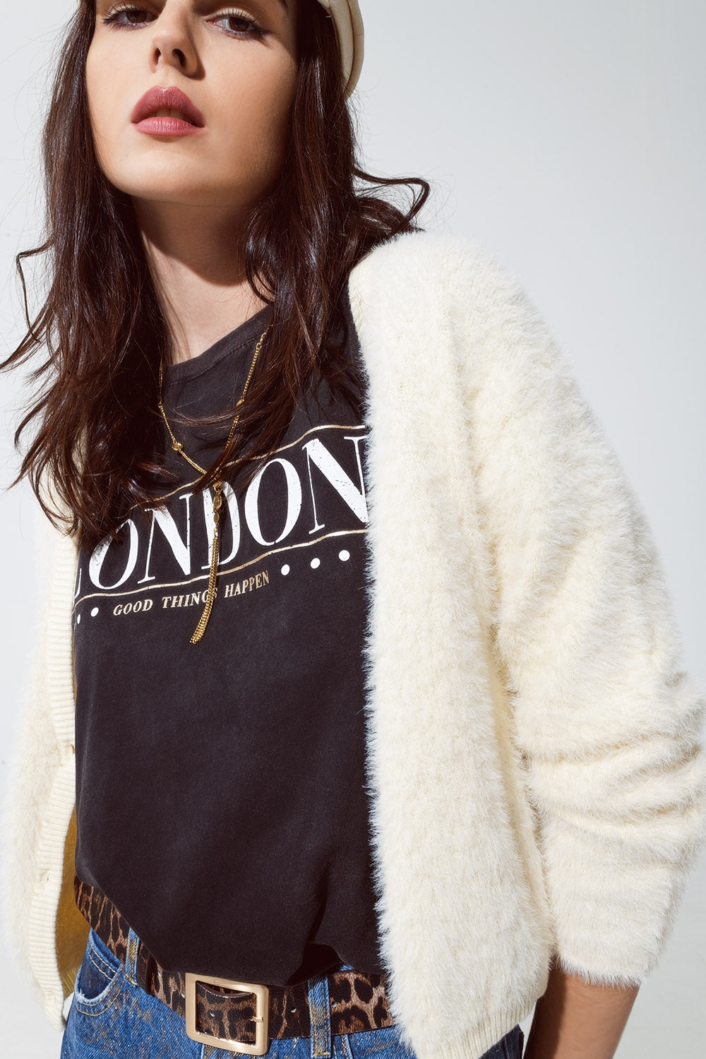 cream fluffy cardigan with silver bottoms
