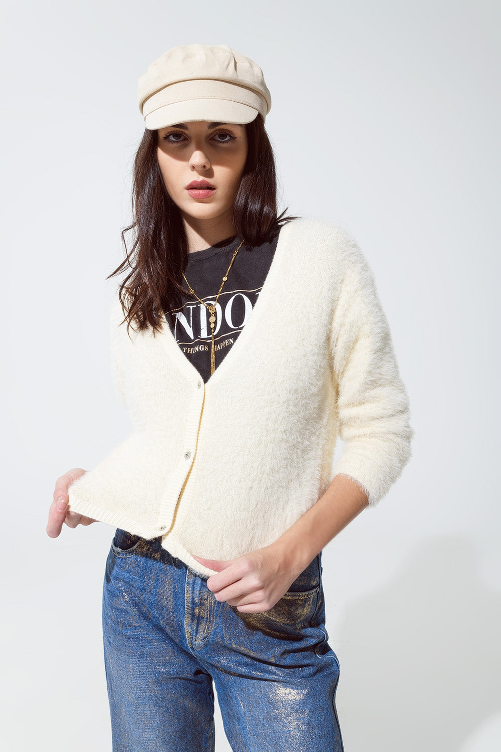cream fluffy cardigan with silver bottoms