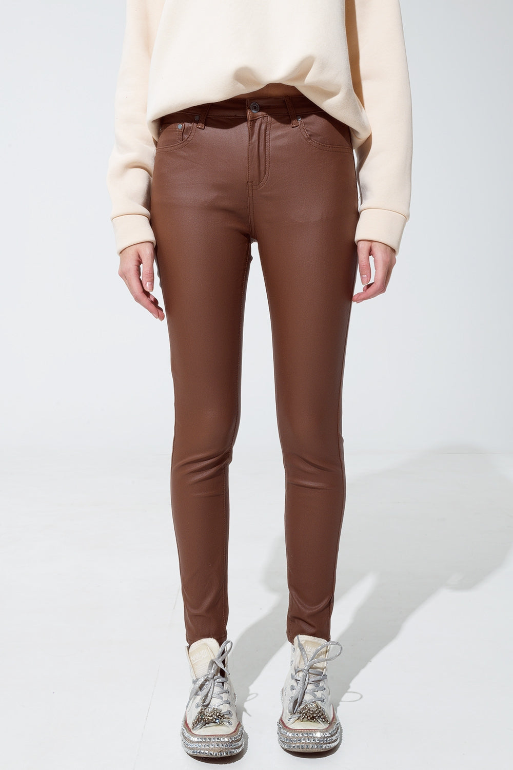 leatherette effect super skinny pants in light brown - trousers