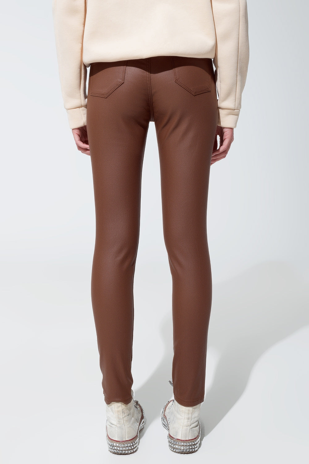 leatherette effect super skinny pants in light brown - trousers