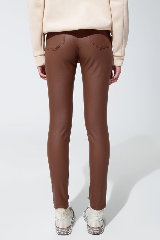 leatherette effect super skinny pants in light brown - trousers