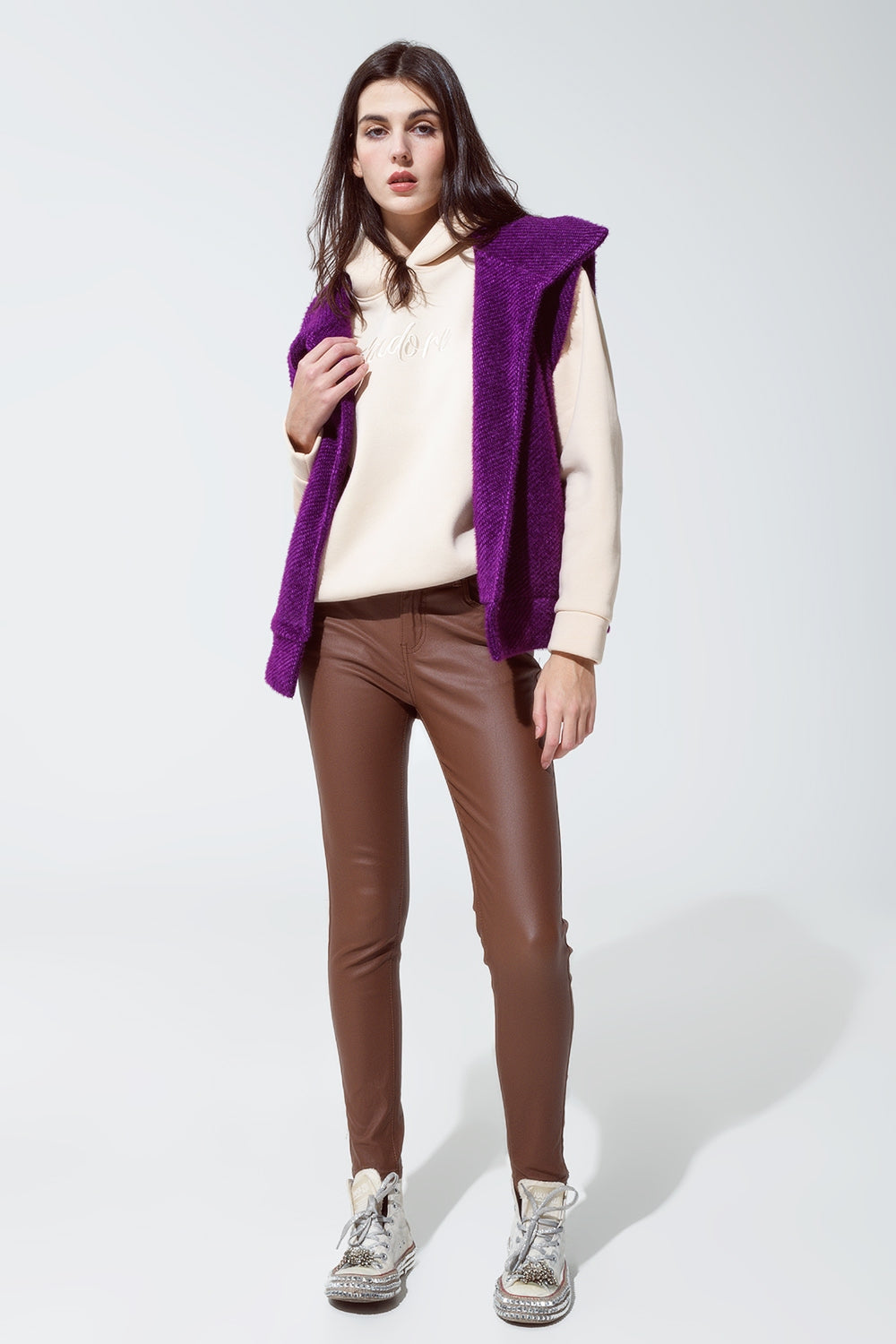 leatherette effect super skinny pants in light brown - trousers