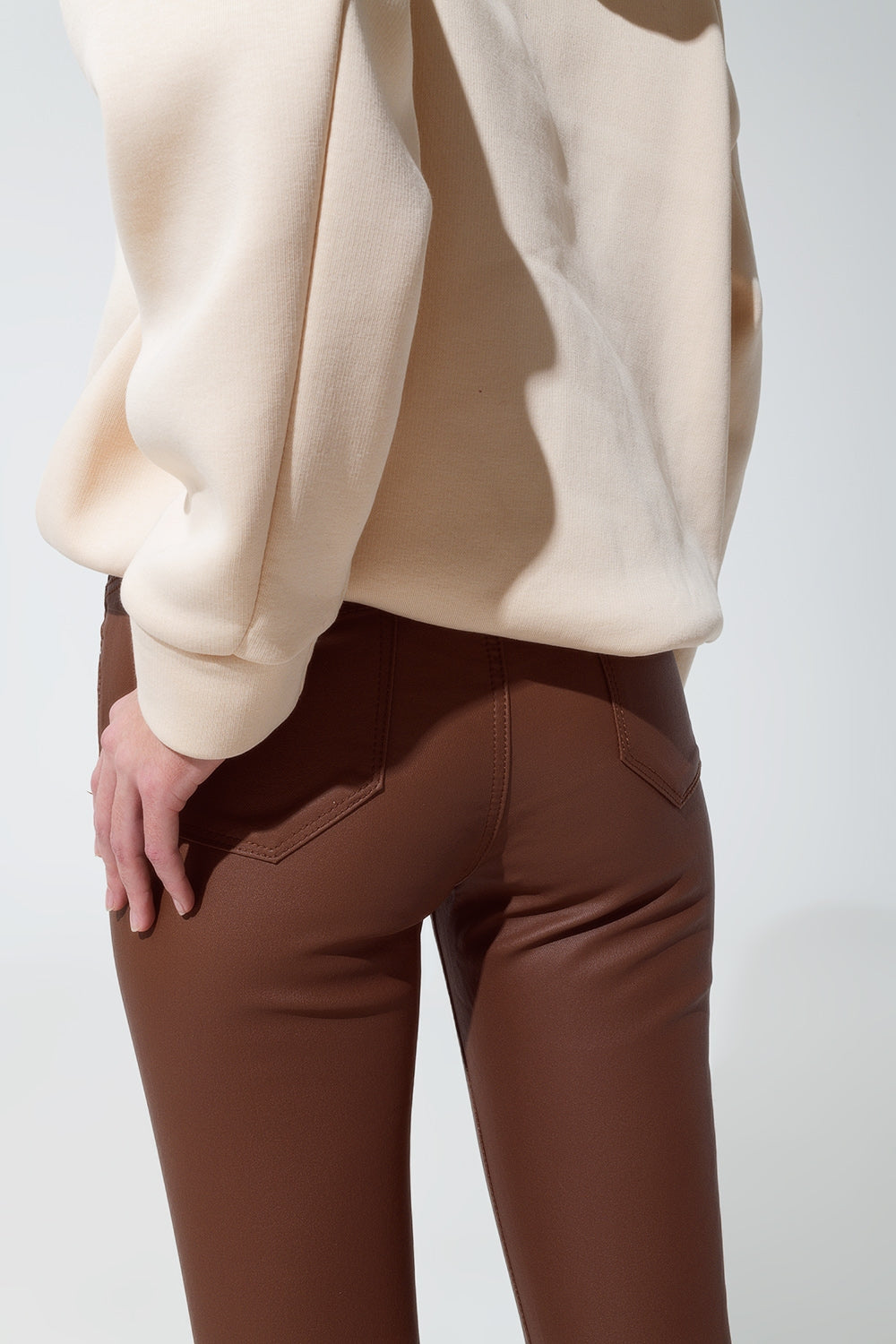 leatherette effect super skinny pants in light brown - trousers